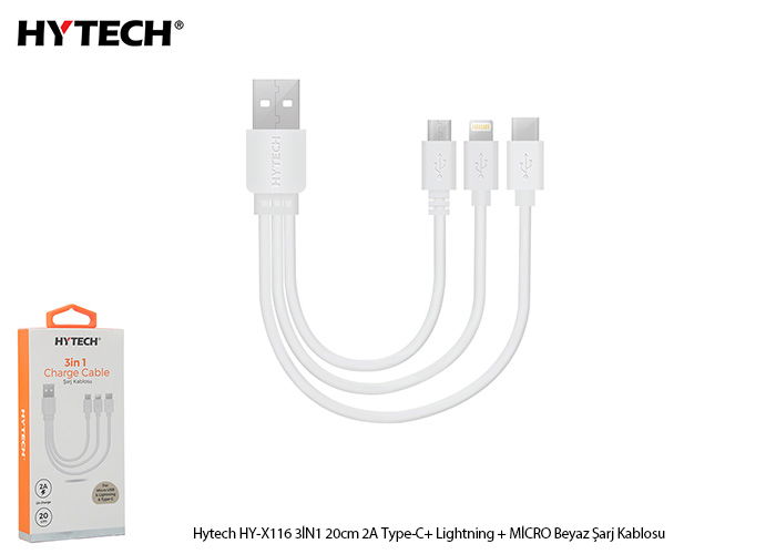 Hytech HY-X116 3İN1 20cm 3A Type-C+ Lightning + MİCRO Beyaz Şarj Kablosu - 3