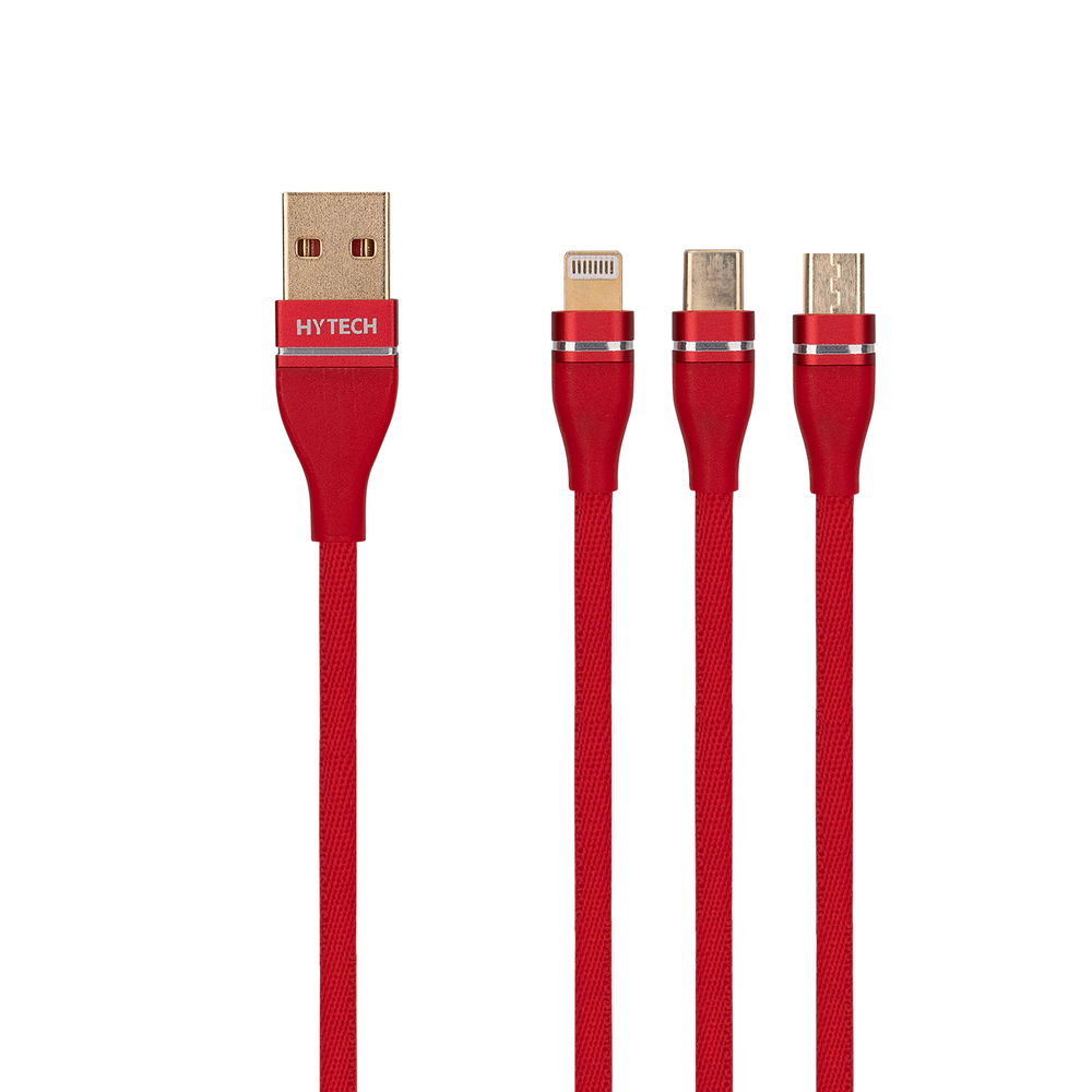 Hytech HY-X505 1.2M 3A MicroUSB+Lightning+TypeC 3 in 1 Kırmızı Şarj Kablosu - 1