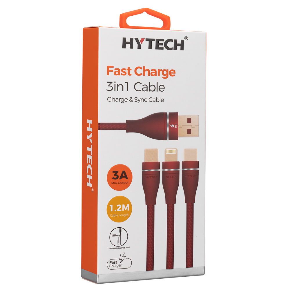 Hytech HY-X505 1.2M 3A MicroUSB+Lightning+TypeC 3 in 1 Kırmızı Şarj Kablosu - 3