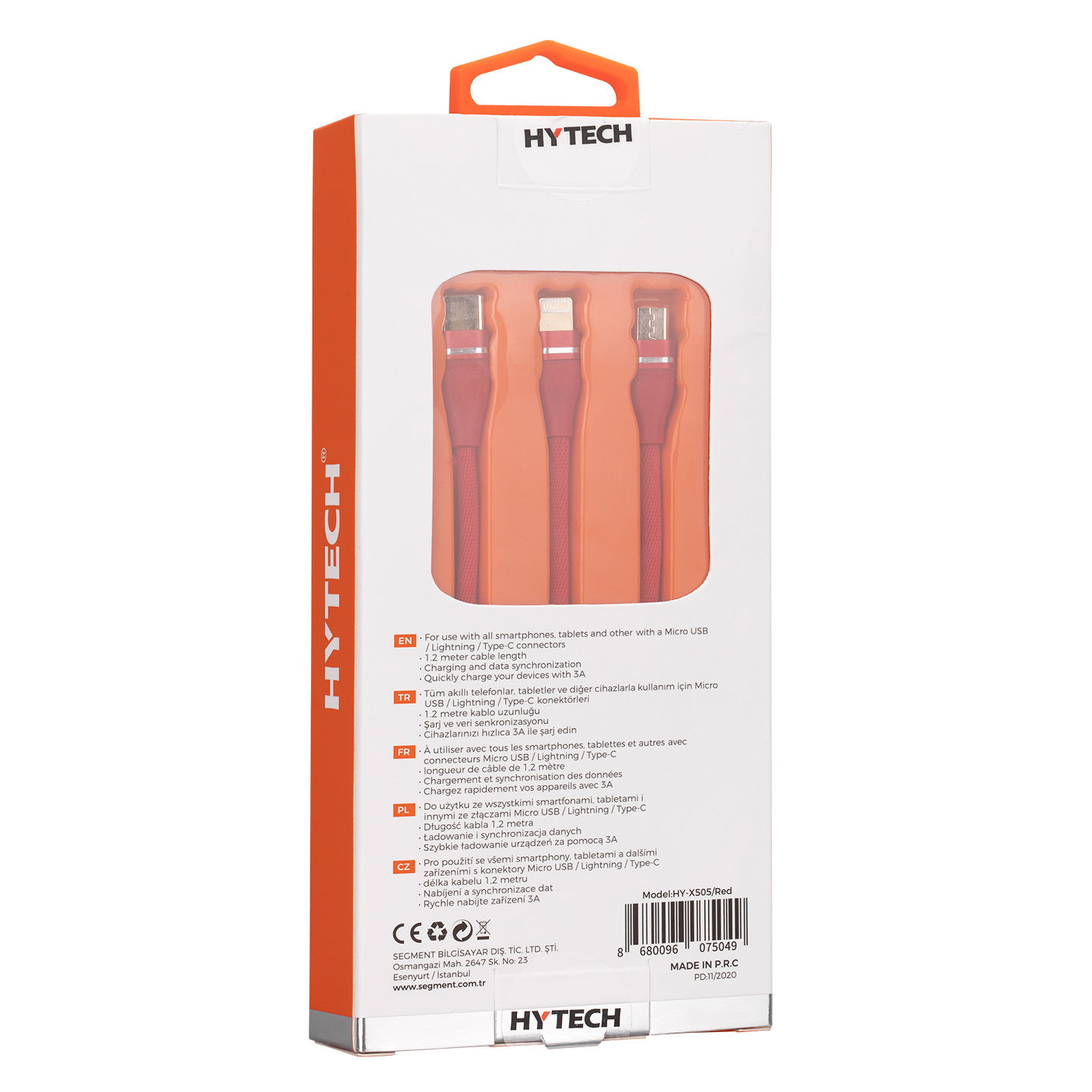 Hytech HY-X505 1.2M 3A MicroUSB+Lightning+TypeC 3 in 1 Kırmızı Şarj Kablosu - 4