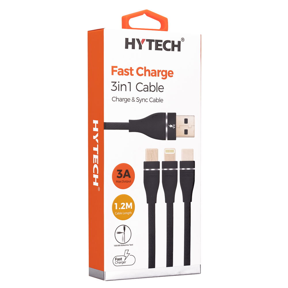 Hytech HY-X505 1.2M 3A MicroUSB+Lightning+TypeC 3 in 1 Siyah Şarj Kablosu - 3