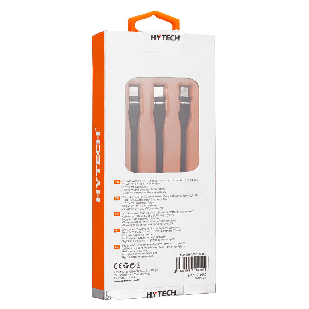 Hytech HY-X505 1.2M 3A MicroUSB+Lightning+TypeC 3 in 1 Siyah Şarj Kablosu - 4
