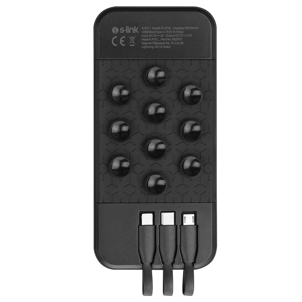 S-link IP-G14L 10000mAh Gizli Ledli Vantuz+Stand Siyah Dahili Kablolu Taşınabilir Pil Şarj Cihazı Powerbank - 1
